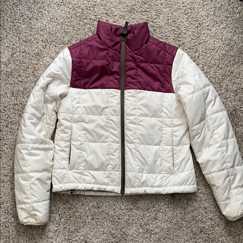 White and Purple Puffer Jacket with Quilted Texture
